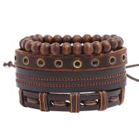 PU Leather Cord Bracelets, with Wood & Zinc Alloy, handmade, 4 pieces & Unisex & adjustable, 60mm Approx 7.09 Inch 