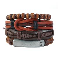 PU Leather Cord Bracelets, with Wood & Zinc Alloy, handmade, 4 pieces & Unisex & adjustable, 60mm 