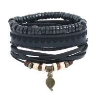 PU Leather Cord Bracelets, with Linen & Wood & Zinc Alloy, handmade, 4 pieces & Unisex & adjustable, 12mm Approx 8.08 Inch 