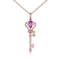 Amethyst Pendant February Birthstone , 925 Sterling Silver, with Amethyst, Key, rose gold color plated, for woman & with rhinestone 