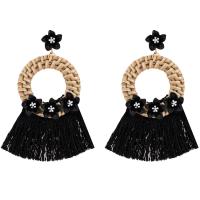 Zinc Alloy Tassel Earring, with Cotton Thread & Rattan & Resin, gold color plated, for woman 