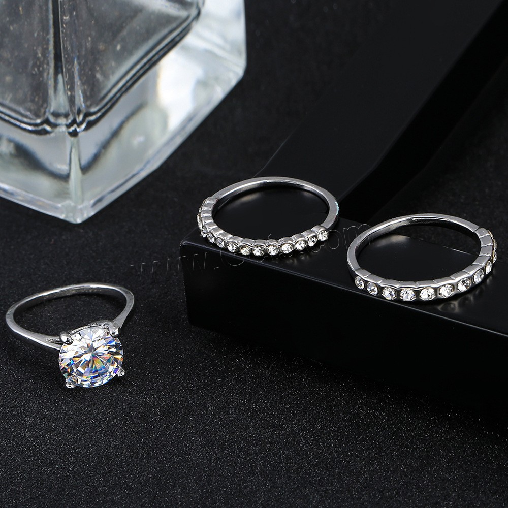 Brass Ring Set, aleación de zinc, chapado en color de plata, diverso tamaño para la opción & para mujer & con diamantes de imitación, 3PCs/Grupo, Vendido por Grupo