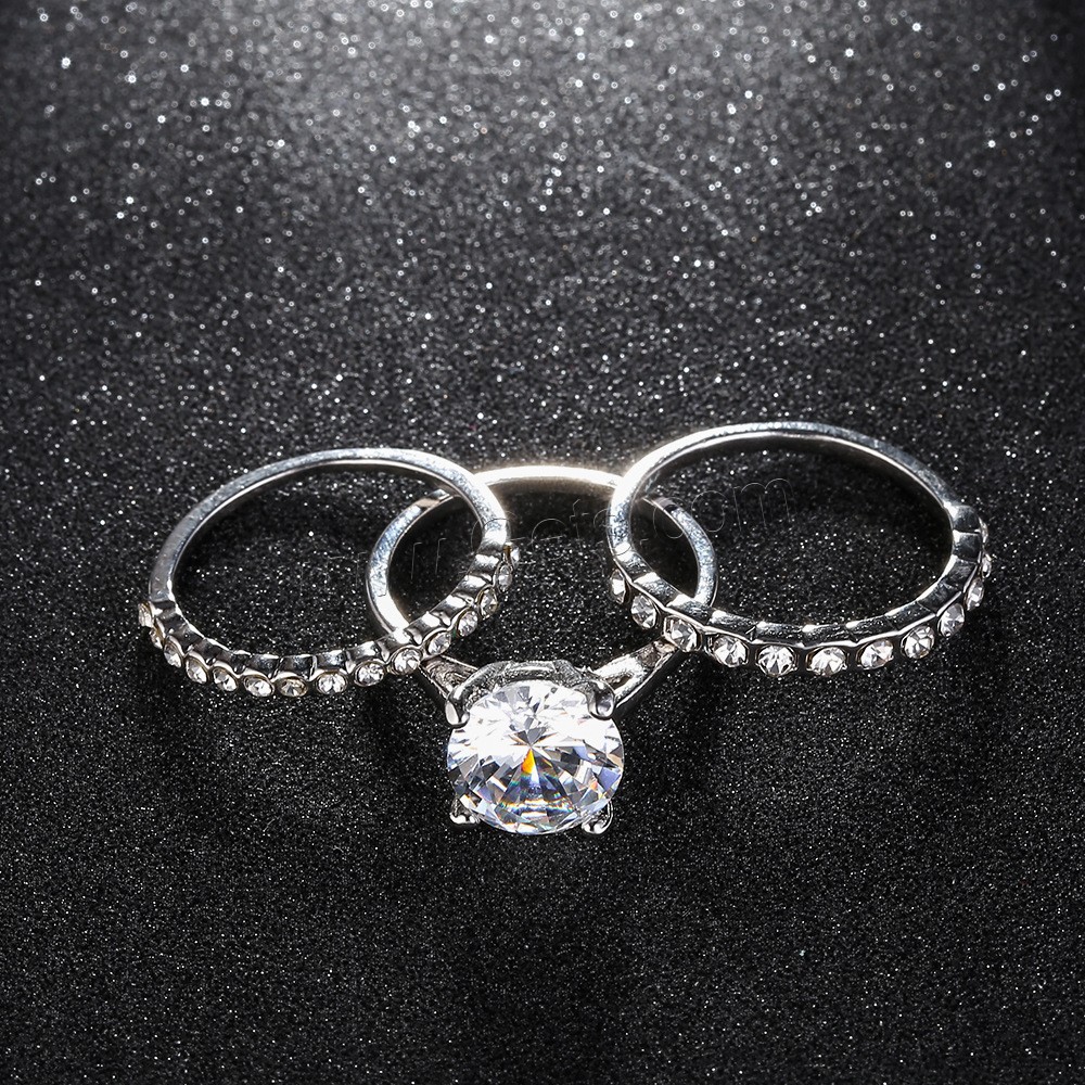 Brass Ring Set, aleación de zinc, chapado en color de plata, diverso tamaño para la opción & para mujer & con diamantes de imitación, 3PCs/Grupo, Vendido por Grupo