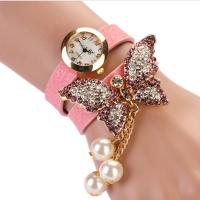 Fashion Watch Bracelet, PU Leather, with Glass Pearl & Glass & Stainless Steel & Zinc Alloy, Chinese movement, plated, Life water resistant & for woman & with rhinestone 25mm Approx 22 Inch 