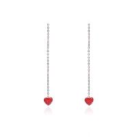 Sterling Silver Thread Through Earrings, 925 Sterling Silver, Heart, silver color plated, for woman & with rhinestone, red 