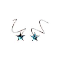 Brass Earring, Star, silver color plated, for woman & with rhinestone 
