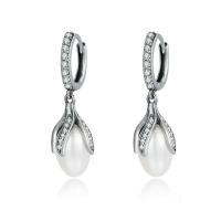 925 Sterling Silver Huggie Hoop Drop Earring, with Freshwater Pearl, real silver plated, micro pave cubic zirconia & for woman 