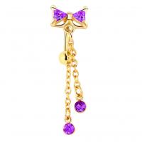 Stainless Steel Belly Ring, Bowknot, gold color plated, for woman & with rhinestone 1.2mm, 6mm, 3mm 