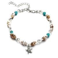 Zinc Alloy Anklet, with Synthetic Turquoise & White Shell & Acrylic, with 2.4inch extender chain, Starfish, antique silver color plated, adjustable & for woman Approx 10 Inch 