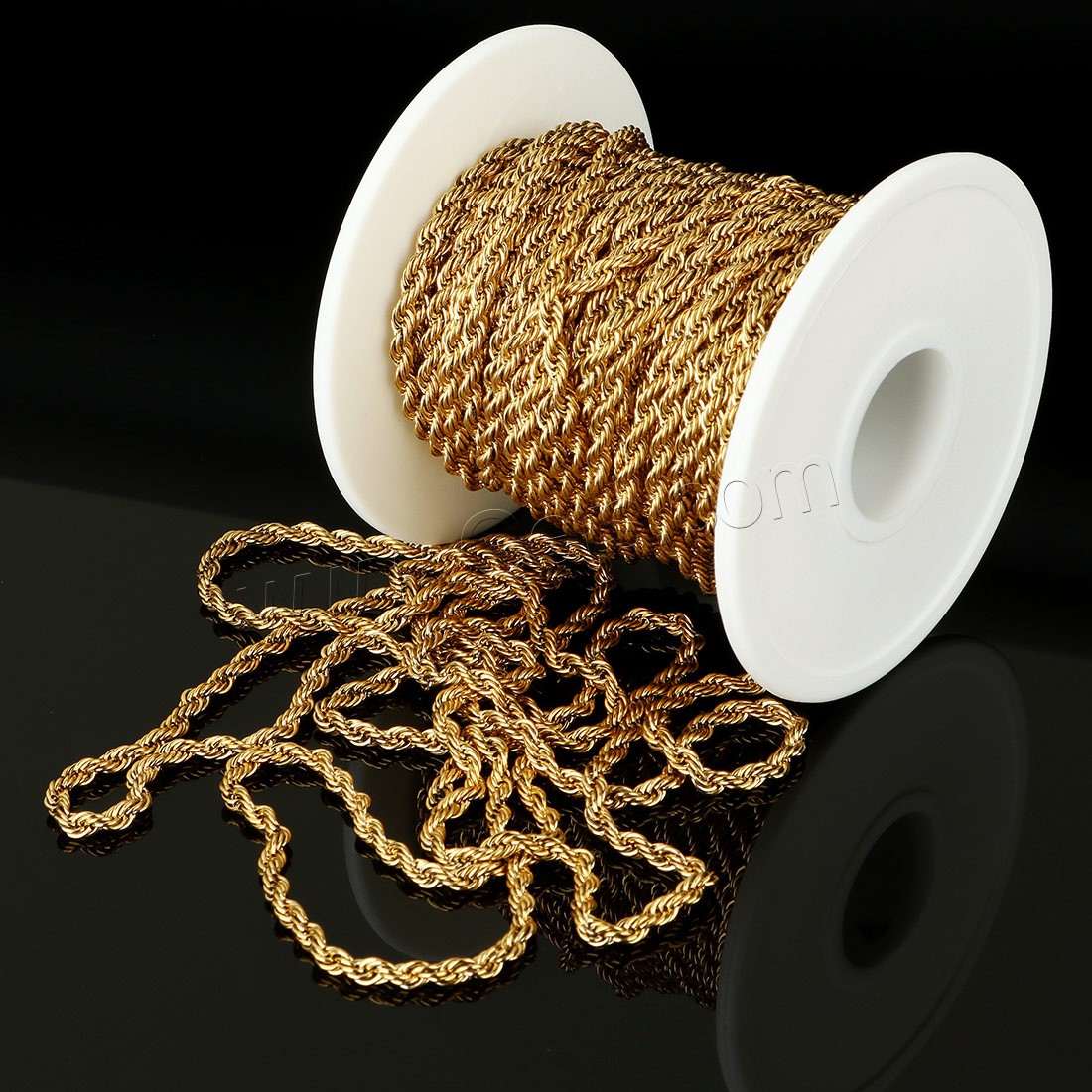 Rope Chain en acier inoxydable, avec bobine plastique, Placage de couleur d'or, normes différentes pour le choix & chaîne de corde, Environ 10m/bobine, Vendu par bobine