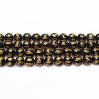 Glas Perle, rund, om mani padme hum & verschiedene Größen vorhanden & Golddruck, schwarz, Länge:ca. 15.4 ZollInch, verkauft von Strang