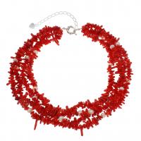 Collar de Coral natural, con perla & metal, Pepitas, chapado en color de platina, unisexo & 4-aro, Rojo, Vendido por Sarta