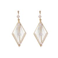 Plastic Pearl Zinc Alloy Earring, with Caddice & ABS Plastic Pearl & Acrylic, stainless steel post pin, Rhombus, gold color plated, for woman 