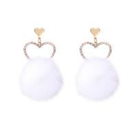 Fluffy Pom Pom Earrings, Zinc Alloy, with Plush, sterling silver post pin, Heart, gold color plated, for woman & with rhinestone 