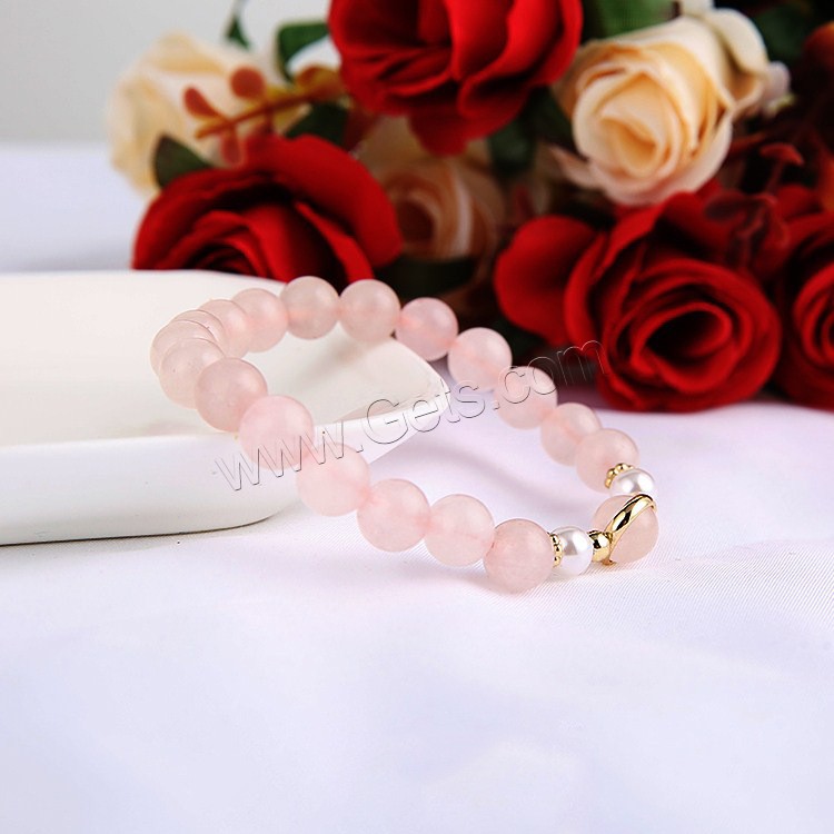 Rose Quartz Bracelet, with Shell Pearl & Zinc Alloy, gold color plated, different size for choice & for woman, pink, Length:Approx 6.8 Inch, Sold By Strand