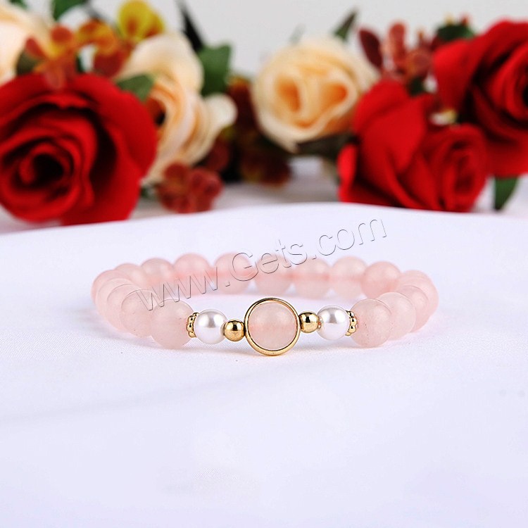 Rose Quartz Bracelet, with Shell Pearl & Zinc Alloy, gold color plated, different size for choice & for woman, pink, Length:Approx 6.8 Inch, Sold By Strand