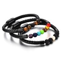 Gemstone Bracelets, with PU Leather Cord & Stainless Steel, plumbum black color plated & Unisex Approx 9.1 Inch 