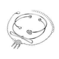 Zinc Alloy Multi Bangle Sets, cuff bangle & bracelet, with 7cm extender chain, plated, three pieces & adjustable & oval chain & for woman & with rhinestone Inner Approx 60mm Approx 7.4 Inch, Approx 7.6 Inch 