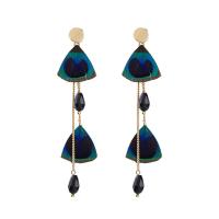 Zinc Alloy Tassel Earring, with Feather & Synthetic Agate & Brass, sterling silver post pin, gold color plated, for woman & faceted, blue, 110mm 