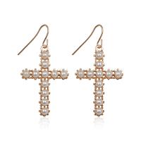 Zinc Alloy Drop Earring, with Glass Pearl, Cross, rose gold color plated, for woman, nickel, lead & cadmium free 