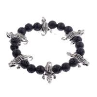 Lava Bead Bracelet, with Zinc Alloy, Crocodile, silver color plated, Adjustable & Unisex, black, 8mm Approx 7 Inch 