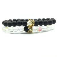 Gemstone Bracelets, Black Stone, with Sea Opal & Brass, Crown, gold color plated & Unisex & micro pave cubic zirconia, 8mm Approx 7.5 Inch 