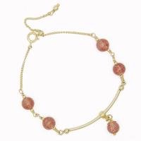Quartz Bracelets, Strawberry Quartz, with Stainless Steel, Round, gold-filled, Adjustable & for woman, pink Approx 6 Inch 