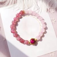 Quartz Bracelets, Strawberry Quartz, with Red Tiger Eye Stone & Rose Quartz, gold color plated, for woman, pink Approx 6 Inch 