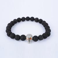 Lava Bead Bracelet, Cubic Zirconia, with Lava, Skull, plated, micro pave cubic zirconia & for woman Approx 6 Inch 