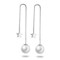 Brass Thread Through Earrings, with ABS Plastic Pearl, silver color plated, for woman 