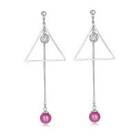 Cubic Zircon Brass Earring, with ABS Plastic Pearl, Triangle, platinum plated, for woman & with cubic zirconia 8mm 