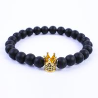 Lava Bead Bracelet, Brass, with Lava, Crown, plated, elastic & Unisex & micro pave cubic zirconia 8MM Approx 7 Inch 