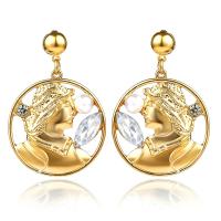 Plastic Pearl Zinc Alloy Earring, Face, plated, for woman & with plastic pearl & with cubic zirconia 35mm 