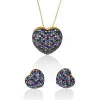 Cubic Zirconia Micro Pave Brass Jewelry Sets, Stud Earring & pendant, Heart, gold color plated, Unisex & micro pave cubic zirconia, mixed colors, nickel, lead & cadmium free, 15.5mmx14,23.5mmx22mm,500mm 