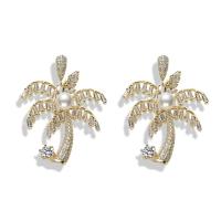 Cubic Zirconia Micro Pave Brass Earring, sterling silver post pin, Palm Tree, gold color plated, micro pave cubic zirconia & for woman 