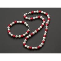Natural Freshwater Pearl Jewelry Sets, bracelet & necklace, with Natural Coral, stainless steel lobster clasp, Round, for woman, red, 8mm Approx 18.5 Inch, Approx 7.3 Inch [