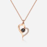 Brass Miniature Projection Necklace, with 5cm extender chain, Heart, rose gold color plated, twist oval chain & micro pave rhinestone & for woman, nickel, lead & cadmium free 