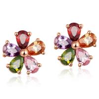 Cubic Zircon Brass Earring, Cubic Zirconia, zinc alloy post pin, Flower, gold color plated, micro pave cubic zirconia & for woman, mixed colors, 10mmx10mm 
