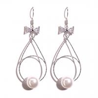 Zinc Alloy Drop Earring, Bowknot, silver color plated, for woman & with cubic zirconia, white, 63*24mm 