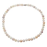 Freshwater Pearl Brass Necklace, brass bayonet clasp, Round, silver color plated, with packing box & for woman, mixed colors, 7-8mm Approx 17 Inch 
