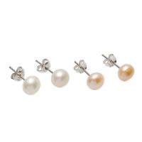 Freshwater Pearl Stud Earring, brass post pin, Button, silver color plated, with packing box & for woman 6-7mm 