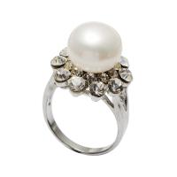 Pearl Brass Finger Ring, with Freshwater Pearl, brass bayonet clasp, Flower, platinum color plated, with packing box & for woman & with rhinestone, white, 11-12mm, US Ring 