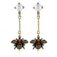 Plastic Pearl Zinc Alloy Earring, with ABS Plastic Pearl, sterling silver post pin, Bee, gold color plated, for woman & with rhinestone 
