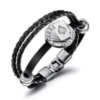 Men Bracelet, PU Leather, with Zinc Alloy, Poker, silver color plated, multilayer & for man 20mm Approx 8 Inch 
