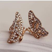 Rhinestone Brass Stud Earring, Butterfly, gold color plated, for woman & with rhinestone, nickel, lead & cadmium free, 23mmx12mm 