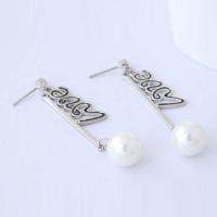 Plastic Pearl Zinc Alloy Earring, with ABS Plastic Pearl, Alphabet Letter, platinum color plated, for woman & enamel & with rhinestone 