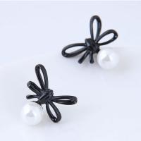 Plastic Pearl Zinc Alloy Earring, with ABS Plastic Pearl, Bowknot, gun black plated, for woman 