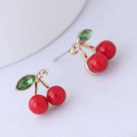 Plastic Pearl Zinc Alloy Earring, with ABS Plastic Pearl, Cherry, gold color plated, for woman & with rhinestone 