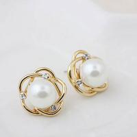 Plastic Pearl Zinc Alloy Earring, with ABS Plastic Pearl, Flower, gold color plated, for woman & with rhinestone, 18mm 