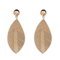 PU Leather Drop Earring, Leaf, gold color plated, for woman 23*55mm 
